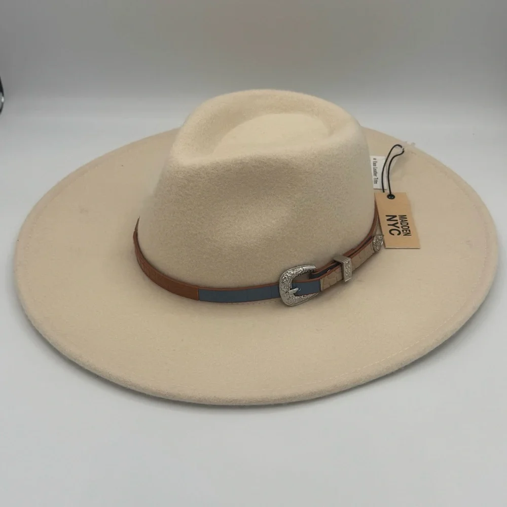 NWT Madden NYC Cream Wide Brim Felt Western Cowboy Cowgirl Hat with Hat Band - Picture 1 of 10